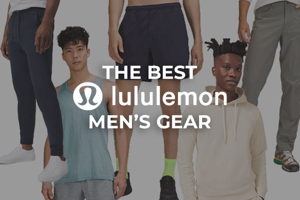 collage image of the Best lululemon Men's Gear featuring pants, sweatshirts and shorts with text overlay