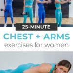 Pin for Pinterest of woman performing dumbbell chest exercises in a chest workout