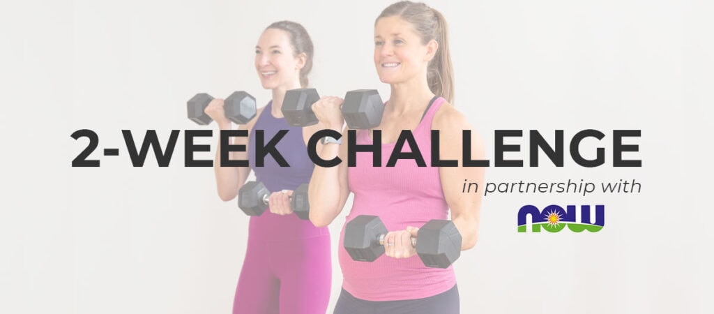 Image of two women performing bicep curls with text overlay saying "2-week challenge"