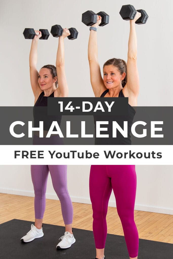 Graphic for pinterest - two women performing a shoulder press with text overlay "14 day challenge free youtube workouts"