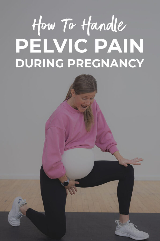 woman in lunge position experiencing pelvic pain during pregnancy pin for pinterest 