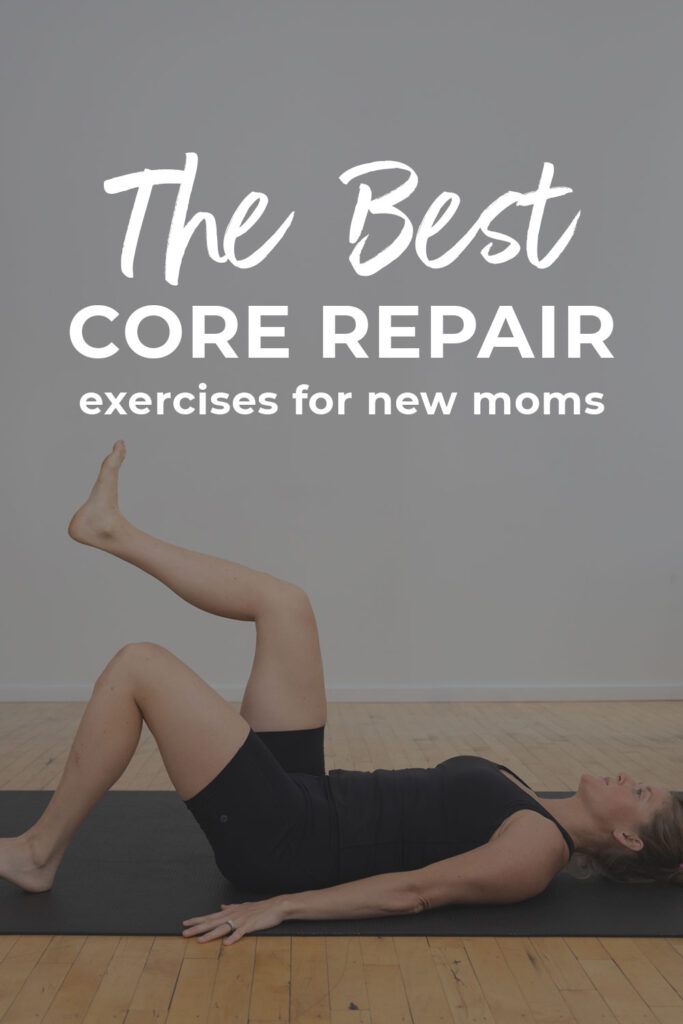 Pin for pinterest showing postpartum woman lying on her back and performing leg taps