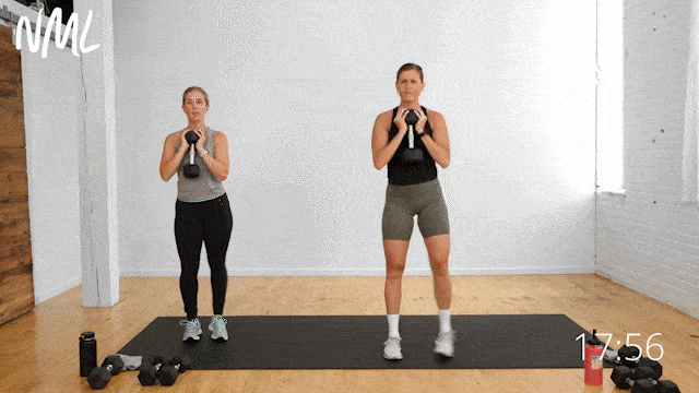 two women performing a goblet squat and pivot squat as part of beginner leg workout