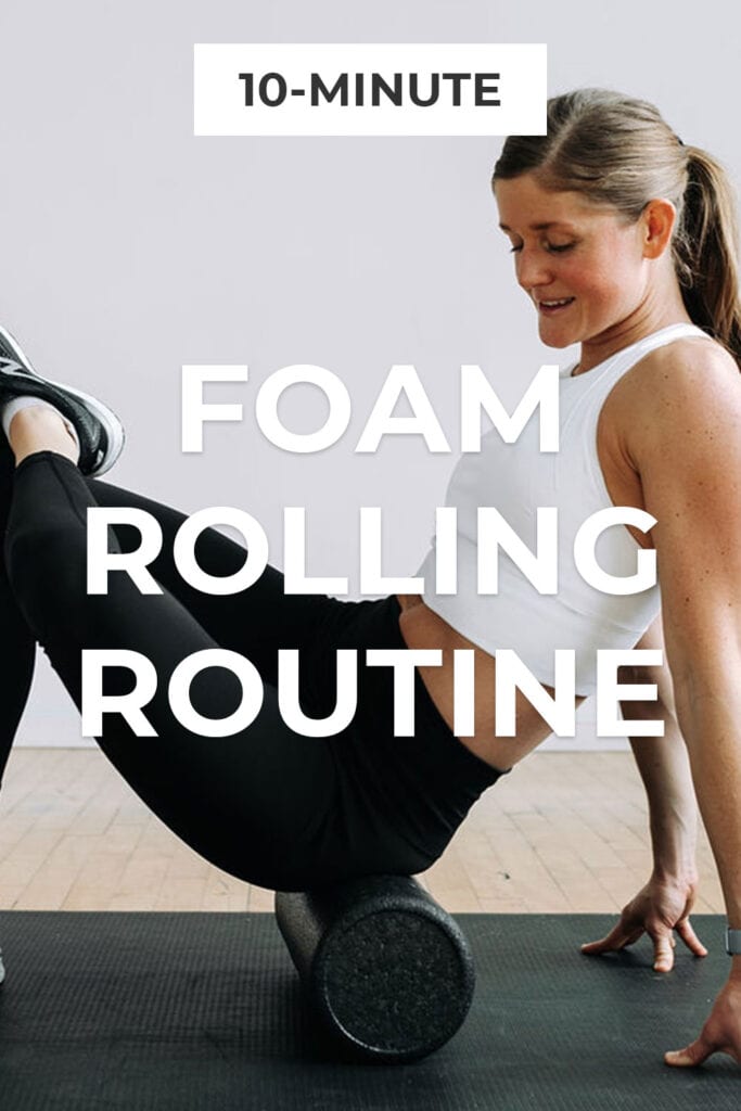 Release tight hips, hamstrings and back muscles with this guided, 10-Minute Recovery Day Foam Roller Stretching Routine. Woman foam rolling her glutes.