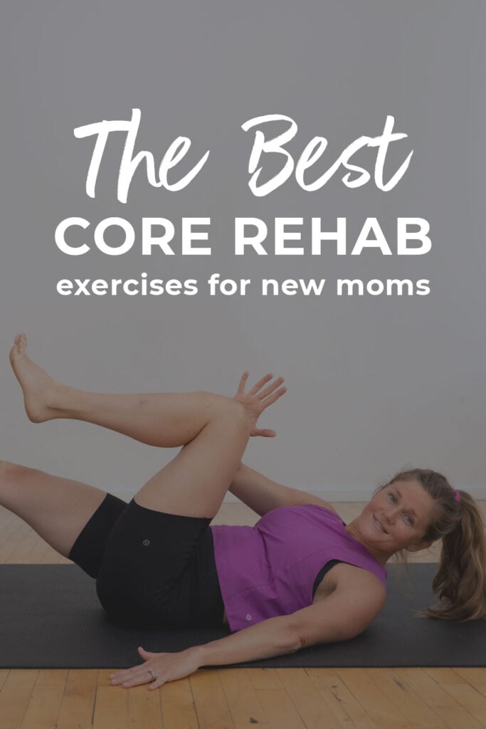 Pin for pinterest showing postpartum mom doing ab exercises