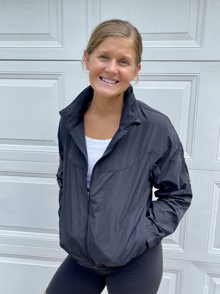 Lindsey wearing lightweight hooded jacket