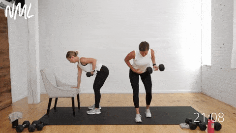 two women performing a single arm reverse grip back row as part of beginner arm workout