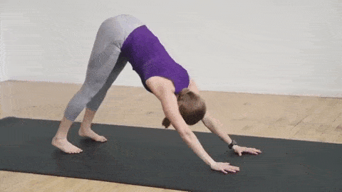woman performing downward facing dog to high plank with a push up in a power yoga workout for women