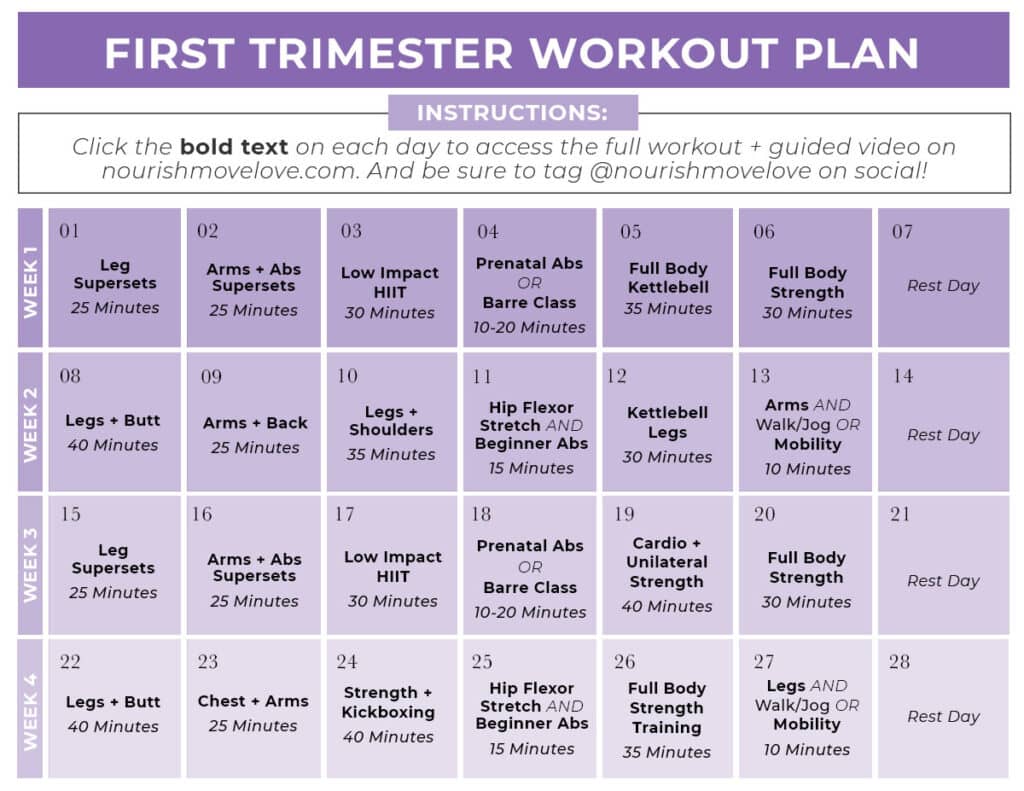 First Trimester Workout Plan for early pregnancy calendar graphic