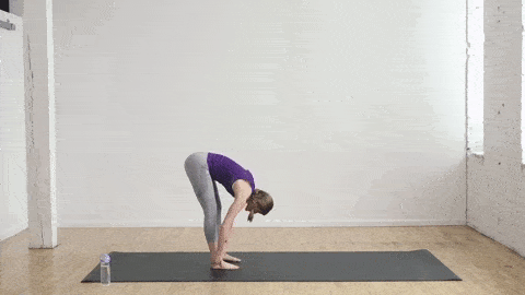 woman performing a yoga sun salutation flow (forward fold to high plank) in a power yoga workout for women