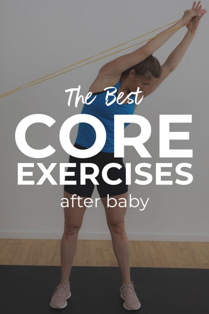 Pin for pinterest: the best postpartum ab exercises with woman performing oblique pull