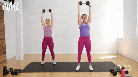 two women performing a shoulder and tricep exercise as part of full body beginner workout