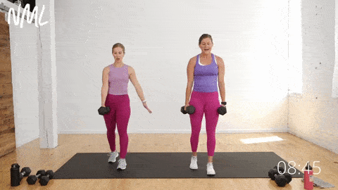 two women performing a staggered deadlift and back row as part of home workout for beginners