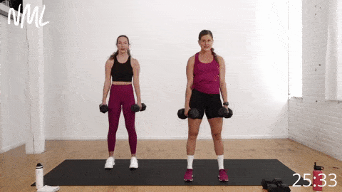 two women performing two squats and two deadlifts as part of pyramid workout