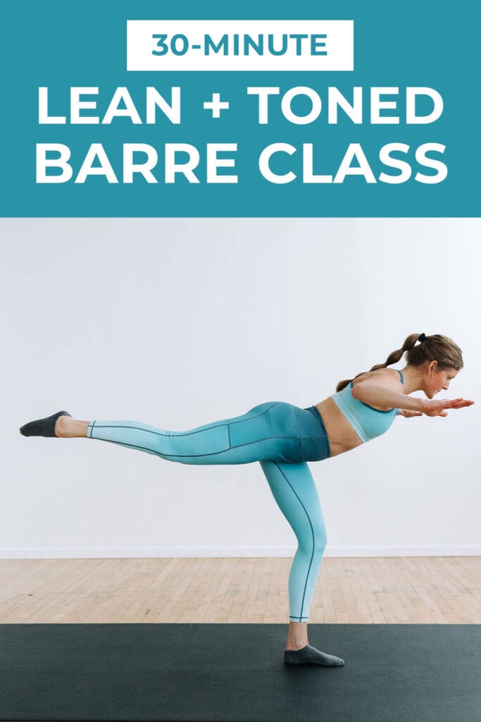 Woman performing an attitude leg lift in an intense, full body, no equipment, 30-Minute Barre Workout you can do at home! 