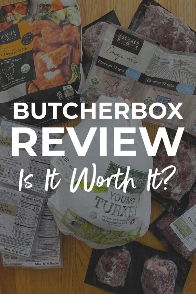 Pin for pinterest with text overlay describing butcherbox review post