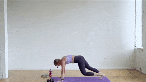 woman performing a downward facing dog to high plank and crossbody knee pull in a power barre fitness workout at home