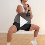 Pin for pinterest showing woman performing a sumo squat with a dumbbell