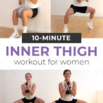 Pin for pinterest showing woman performing an inner thigh ball squeeze and two women performing a sumo squat