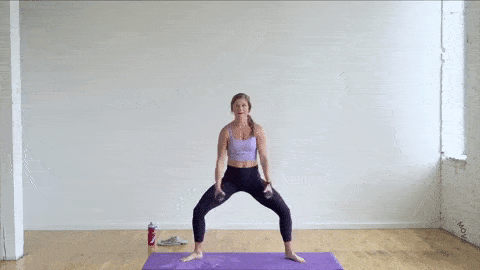 woman performing a second position hold and lateral fly in a power barre fitness workout at home