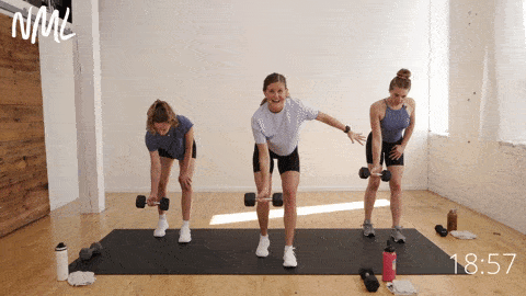 three women performing an eccentric single arm back row as part of unilateral workout