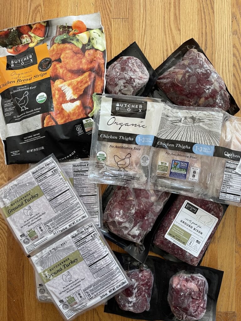 flat lay image of ButcherBox box unpacked as part of honest butcherbox review post