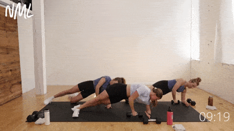 three women performing a forearm side plank and dumbbell open to t