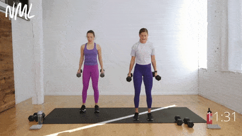 two women performing a half bicep curl and L-fly in an arm and shoulder workout at home