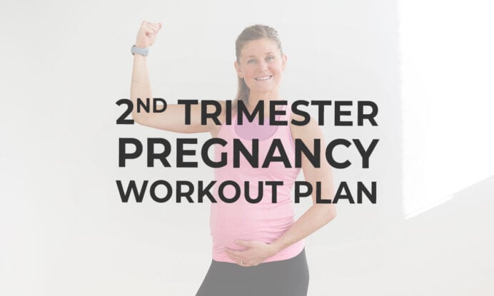 Image of pregnant woman flexing her bicep with text overlay describing second trimester pregnancy workout plan