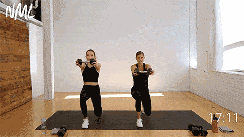 front lunge and dumbbell press out core workouts with weights