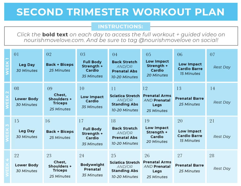 Second Trimester workouts calendar graphic
