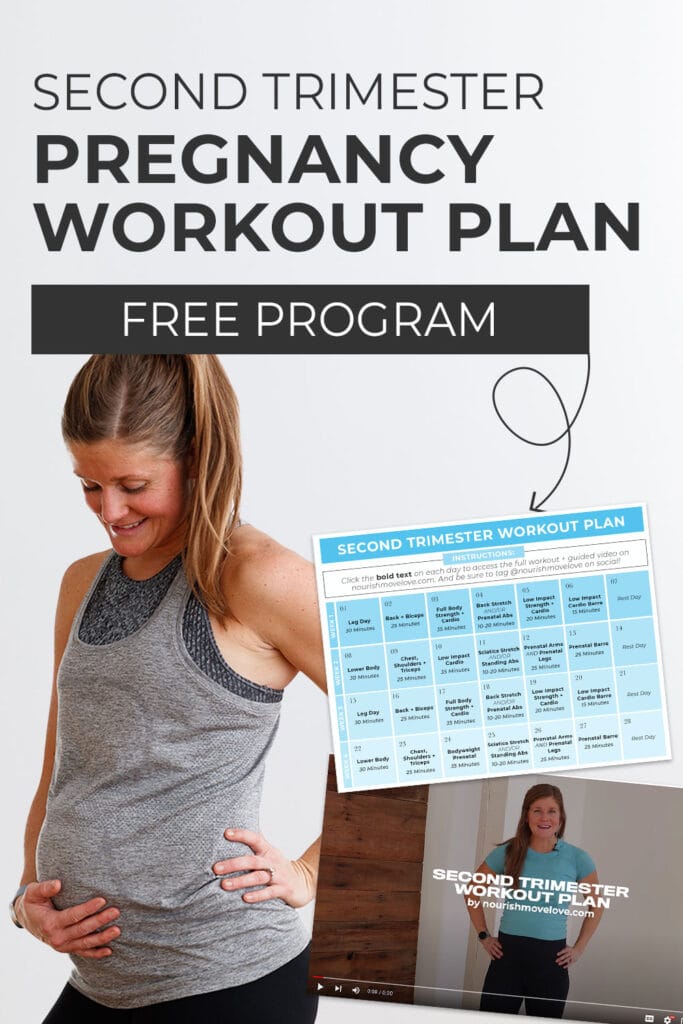 Image of woman in her second trimester of pregnancy posing with pregnancy workout plan and program overview video screenshot