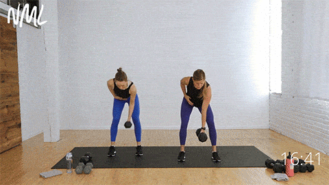 two women performing a back row and squat combo move as part of leg and back workout