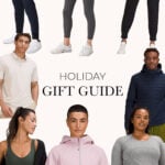 Holiday gift guide image with lululemon gifts for her and for him