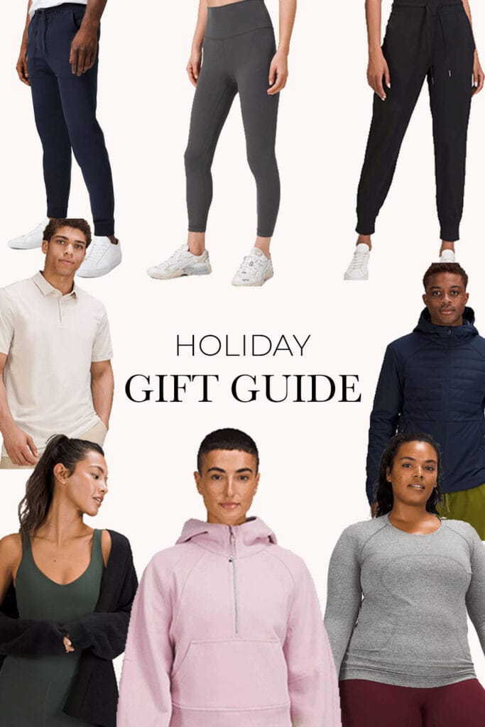 Holiday gift guide image with lululemon gifts for her and for him