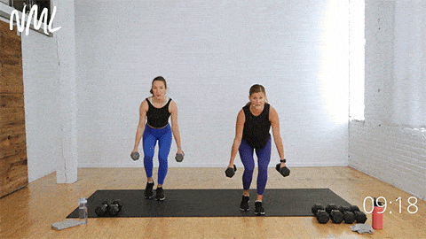 two women demonstrating a split lunge hold and back fly combo exercise