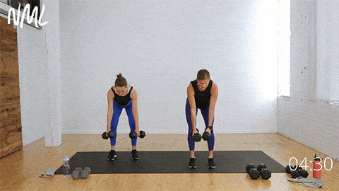 two women demonstrating a back row clean squat combination move to target legs and back
