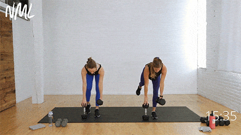 two women performing a single leg deadlift back row combo exercise as part of leg and back workout