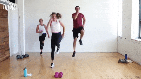 three people performing three skaters and one single leg bound in a circuit training workout