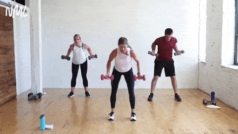three people performing 4 reverse grip back rows and 4 bicep curls in a circuit training workout