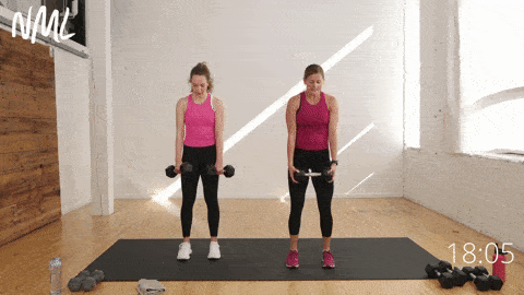 two women performing a dumbbell deadlift clean and reverse lunge in a full body functional strength workout