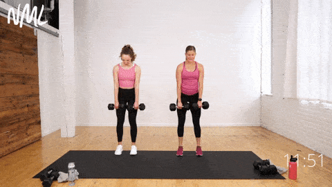 two women performing a deadlift and alternating front lunge in a legs, thighs and abs workout