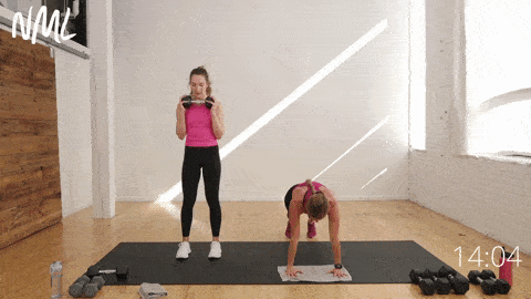 one woman performing a high plank and two knee drives and army crawl and one woman performing two standing marches and two overhead presses in a full body functional strength workout