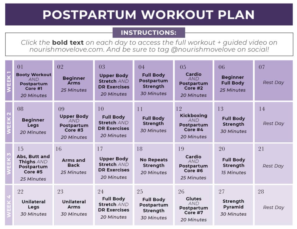 Postpartum Workout Plan (Calendar PDF image showing 4 weeks of postpartum workouts as part of postpartum workout program)