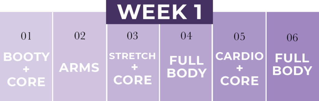 Postpartum Workout Plan: Week 1 calendar graphic with 6 days of postpartum workouts