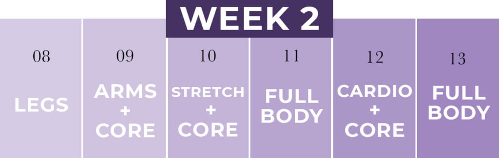 Postpartum Workout Plan: Week 2 calendar graphic with 6 days of postpartum workouts