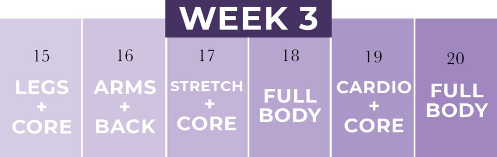 Postpartum Workout Plan: Week 3 calendar graphic with 6 days of postpartum workouts