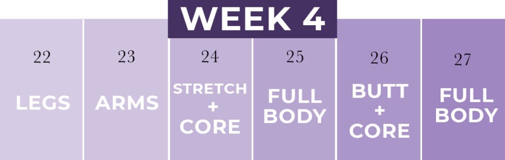 Postpartum Workout Plan: Week 4 calendar graphic with 6 days of postpartum workouts