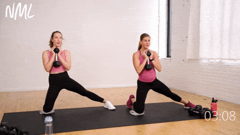 two women performing a single leg hip thrust and adductor kick out in a legs, thighs and abs workout