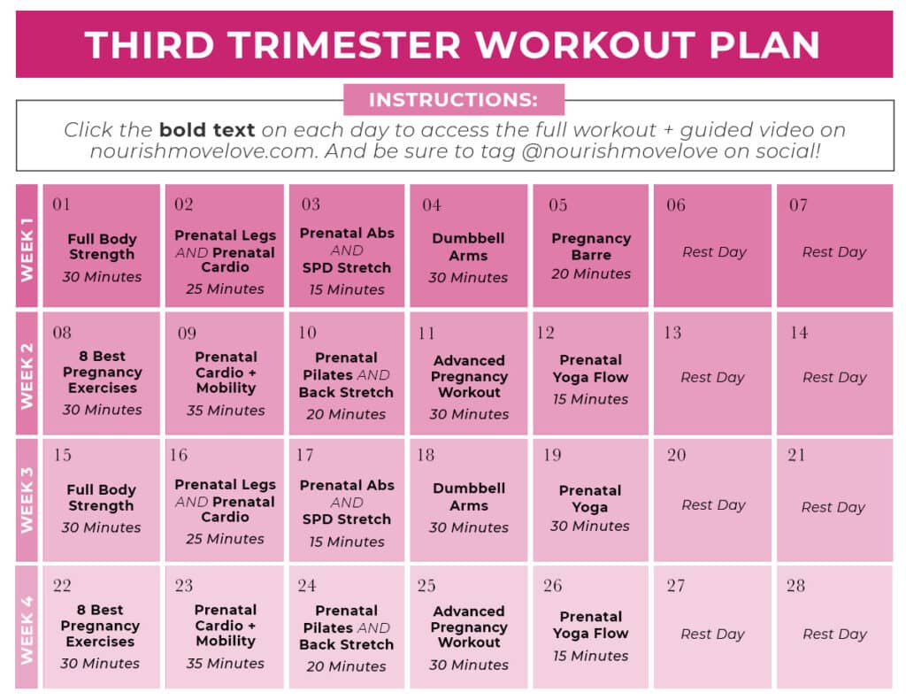 third trimester exercise plan calendar graphic
